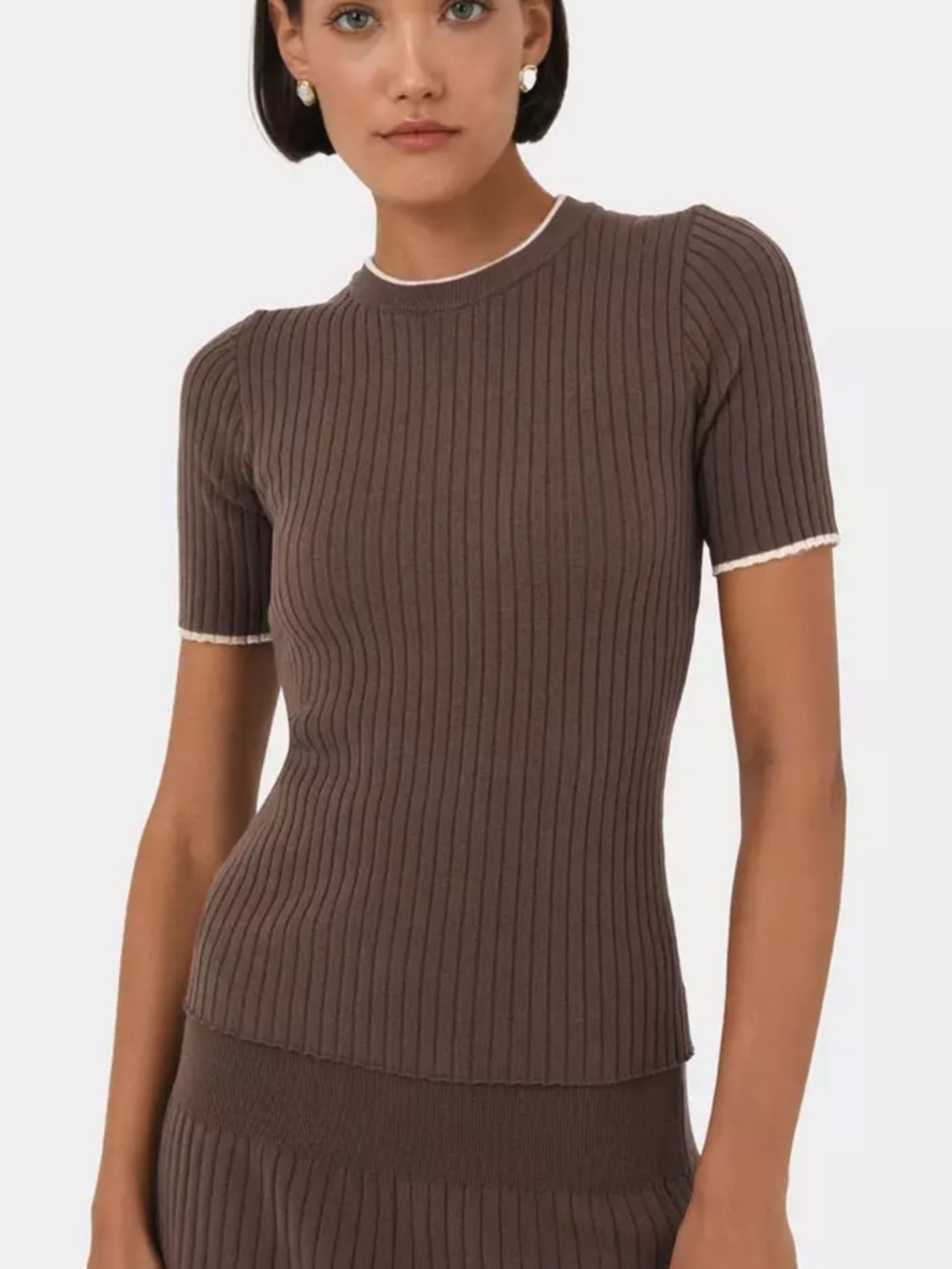 Forcast Brown Ribbed Short Sleeve Top with Contrast Trim